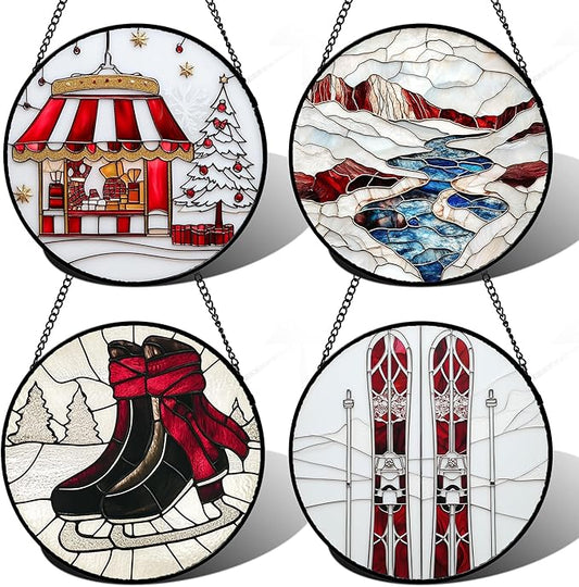 Stained Glass Window Hanging 4 Pcs Set Winter Skiing Red Christmas House Large 15" - Suncatcher Door Garden Sun Catcher Decor Birthday Mother's Day for Mom Woman Nana Friend