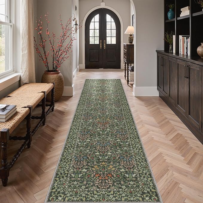 GENIMO Floral Washable Runner Rug 2’6”x10’, Non-Slip Long Hallway Carpet for Entryway, Kitchen, Indoor Floor Use, Vintage Boho Soft Thin Rug Décor, Emerald Green