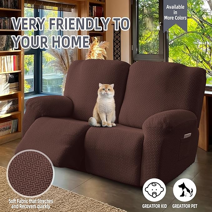 Genina Recliner Loveseat Covers, Stretch Reclining Sofa Covers, 2 Seater Couch Cushion Stripe Jacquard Recliner Slipcovers - Furniture Protector Covers for Pet Kid (Chocolate)