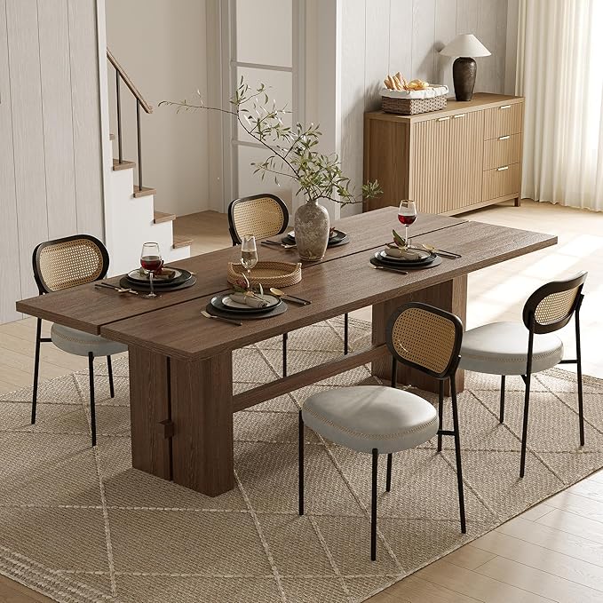 Rattan Dining Chairs Set of 4, Beige Leather Upholstered Dining Chairs with Rattan Cane Back, Mid Century Modern Dining Room Chairs with Black Metal Legs & D-Shaped Thicken Cushion, Beige