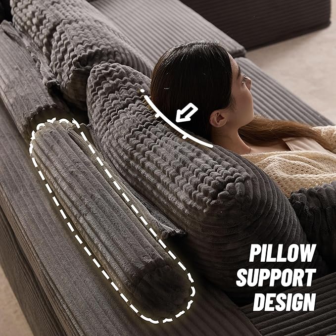138" Boneless Couch with Deep Seat, Modular Sectional Sofa, Cloud Sectional Couch for Living Room, No Assembly Required, Corduroy, U-Shape 4 Seater Right, Gray