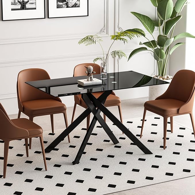 51.2" Black Glass Dining Table, Modern Kitchen Table for 4-6 People, Contemporary Rectangular Dining Room Dinner Tables with Black Glass Top & Black Metal X Legs for Kitchen Apartment
