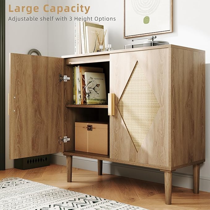 IDEALHOUSE Buffet Cabinet with Storage, Storage Cabinet with 2 Rattan Decorated, Sideboard Cabinets, Accent Cabinets for Living Room, Dining Room, Entryway, Natural