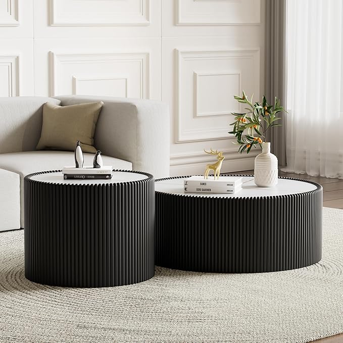 Black Round Coffee Table with Sintered Stone Tabletop, 17.71" Drum Coffee Table with Fluted PU Leather Covered and Stable Base, Circle Cocktail Tea Table for Living Room