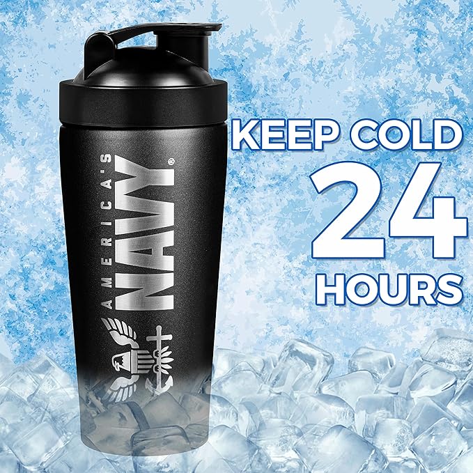 Military Gift Shop 24oz Navy Insulated Shaker Bottle with Engraved Logo–24oz Water Bottle–Cup for Protein Shakes | (Navy) Shaker