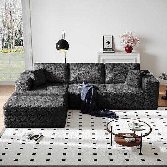 108" Cloud Modular Sectional Couch with L-Shape Chaise, Modern Sectional Sofa with Deep Seat Couch, Ultra Soft Knit Fabric Couches for Living Room, No Assembly Required, Left Facing Chaise (Black)