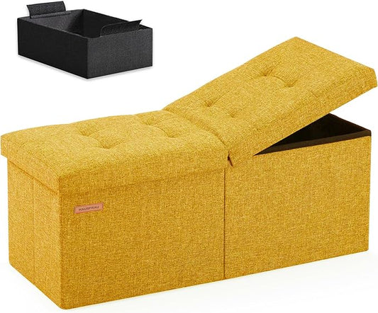 HAUSFRAU 31.5 Inches Ottoman with Storage Bench, Folding Ottoman Bench Small Foot Rest Stool, Bedroom Bench with Flipping Lid, Linen Gold