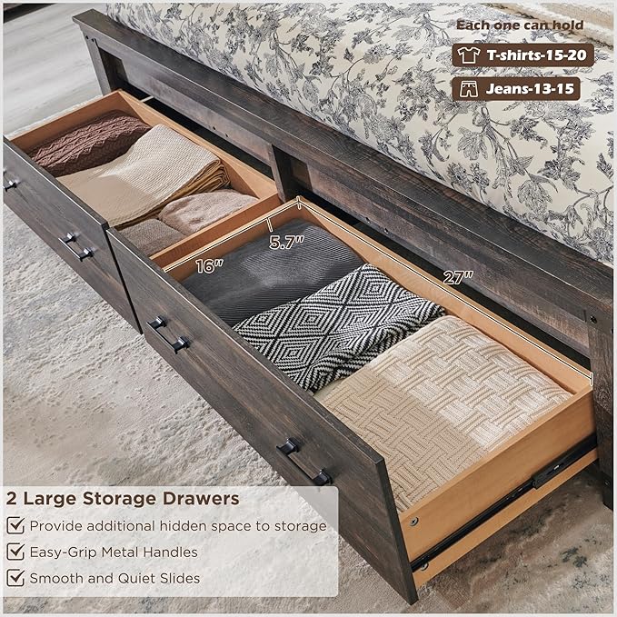 RedLemon Farmhouse Queen Size Bed Frame w/ 54" Tall Geometric Headboard, Rustic Wood Platform Bed w/ 2 Large Storage Drawers, Wood Slats Support, Noise Free, No Box Spring Needed, Dark Rustic Oak