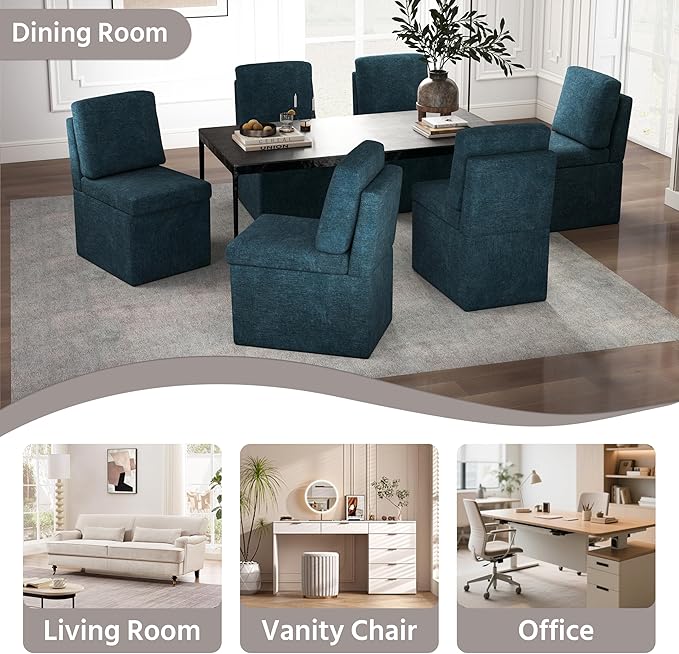 VKNOW Upholstered Dining Chairs Set of 4, Modern Kitchen Chairs with Storage, Linen Armchair Dinner Chair for Kitchen Dining Room Office Bedroom, Navy Blue
