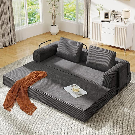 Antetek Convertible Sofa Bed, Comfy Corduroy Fluffy Love seat Sleeper Sofa, 5 in 1 Folding Couch Bed, Fold Out Floor Couch with Pillows for Bedroom, Living Room, Office, Pinstripe, Grey