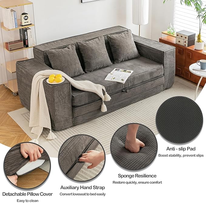 HOMREST 76" Convertible Memory Foam 3-seat Sofa, Pull Out Sleeper Sofa Bed, 2 in 1 Folding Couch Bed, Fold Out Floor Couch Corduroy Fabric with 3 Pillows for Living Room Bedroom Lounge (Grey)
