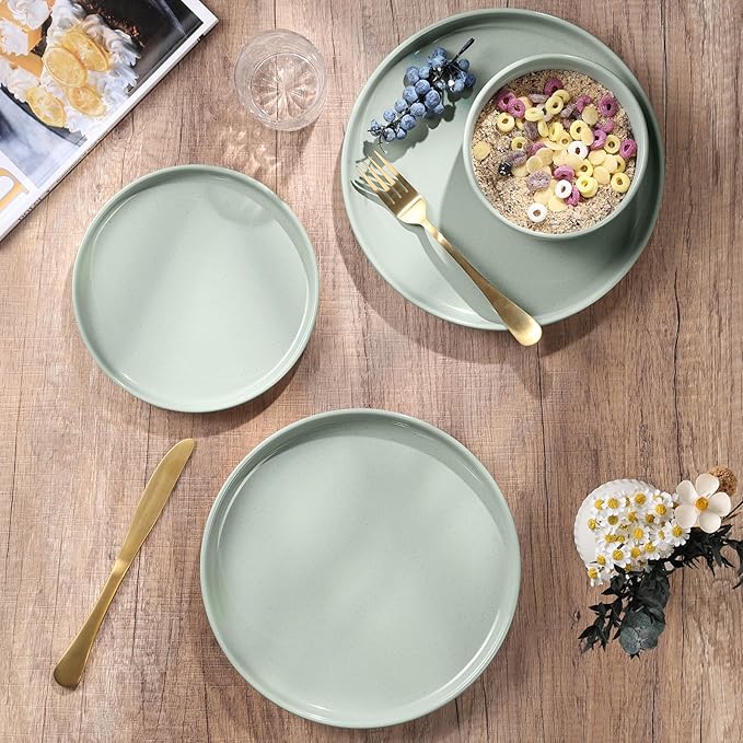 HaWare Stoneware Dinnerware Sets, 12-Piece Plates and Bowls Set for 4, Dishes Set for Home Restaurant, Speckled Asparagus Green
