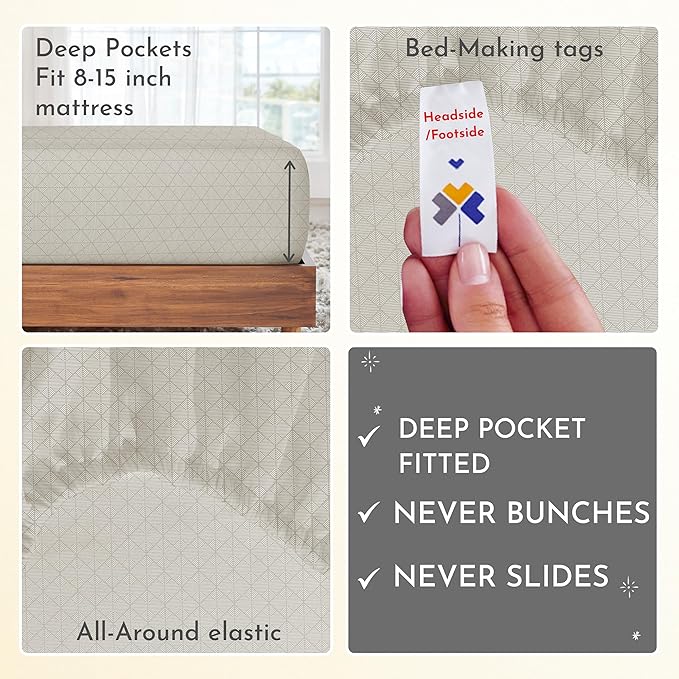 California Design Den Printed Twin XL Sheet Sets - 400 Thread Count, Natural 100% Cotton Sateen, Deep Pocket Extra Long Twin Sheets Set, Cooling and Durable Bedding Set - Taupish-Sage Crosshatch