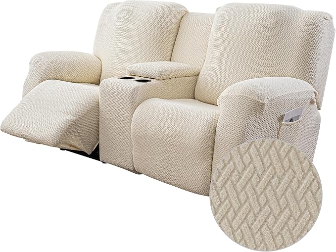 Genina Recliner Loveseat Covers with Console, Stretch Reclining Sofa Covers, 2 Seater Couch Cushion Stripe Jacquard Recliner Slipcovers - Furniture Protector Covers for Pet Kid (Dark Gray)