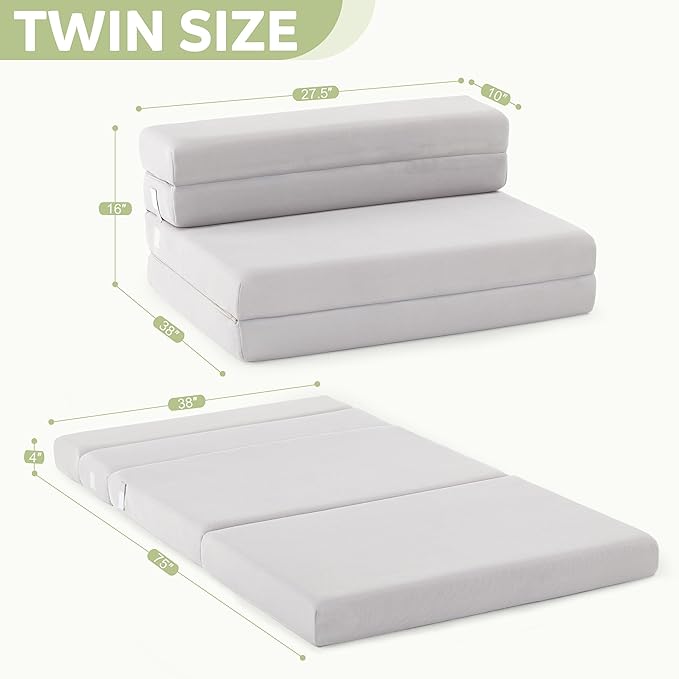 Folding Sofa Bed Foldable Futon Couch Bed 4Inch Sleeper Floor Sofa for Adults, Camper, Guest, with Headrest, Breathable & Washable Cover (Twin)