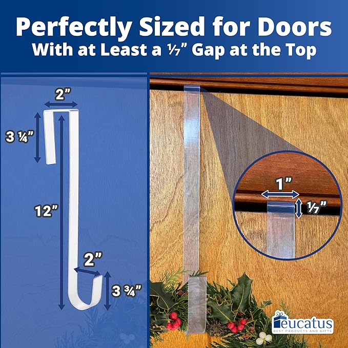 Non Scratch 100% Clear 12in Wreath Hanger 3Pk. Slim Christmas Wreaths Holders for Hanging Fall Halloween Decorations Over Front or Garage Door. Best Long Hooks for Indoor or Outdoor Home Decor.