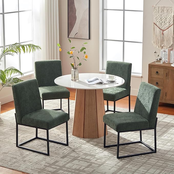 VKNOW Upholstered Dining Chairs Set of 4, Modern Dining Room Chairs, Linen Kitchen Chair Dinner Chair with Black Metal Base for Kitchen Office, Green-Unstriped