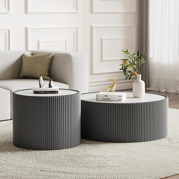 Grey Round Coffee Table with Sintered Stone Tabletop, 17.71" Drum Coffee Table with Fluted PU Leather Covered and Stable Base, Circle Cocktail Tea Table for Living Room