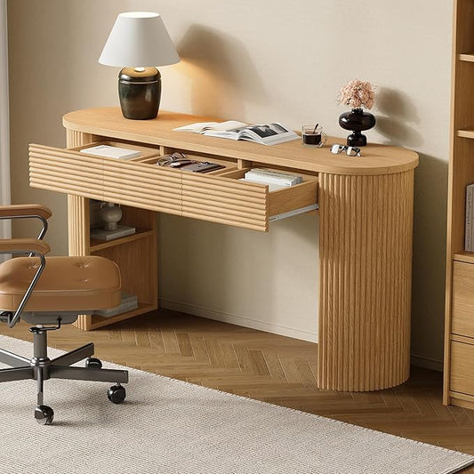 Merax Modern Retro Entryway Table, Rounded Console Table with3 Drawers and Open Hidden Storage for Living Room, Hallway and Office, Nature
