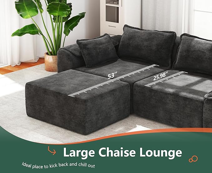 Hobestluk 120" Cloud Modular Sectional Couch 3-Seater Sofa with Ottomans U Shaped Couch Deep Seat Sofa with Removable Cover Large Sofa for Living Room (Dark Grey, 3-Seater Sofa with Two Ottomans)
