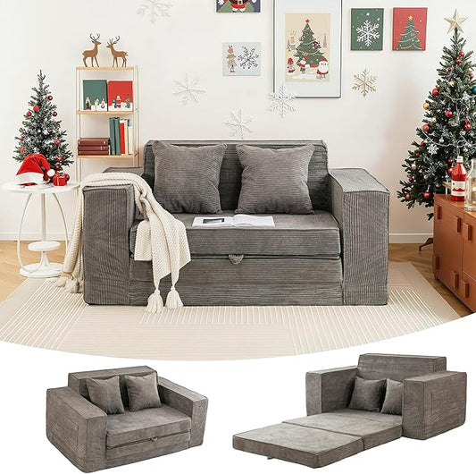 HOMREST 63" Convertible Memory Foam Loveseat Sofa, Pull Out Sleeper Sofa Bed, 2 in 1 Folding Couch Bed, Fold Out Floor Couch Corduroy Fabric with 2 Pillows for Living Room Bedroom Lounge (Grey)