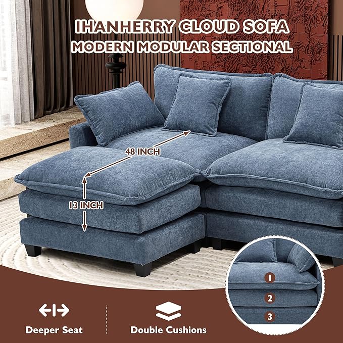 Ihanherry L Shaped Cloud Sofa 111.4" Modern Modular Sectional Couch with Ottoman, 4-Seat Chenille Deep Seat Sofa with Pillows for Living Room, Blue