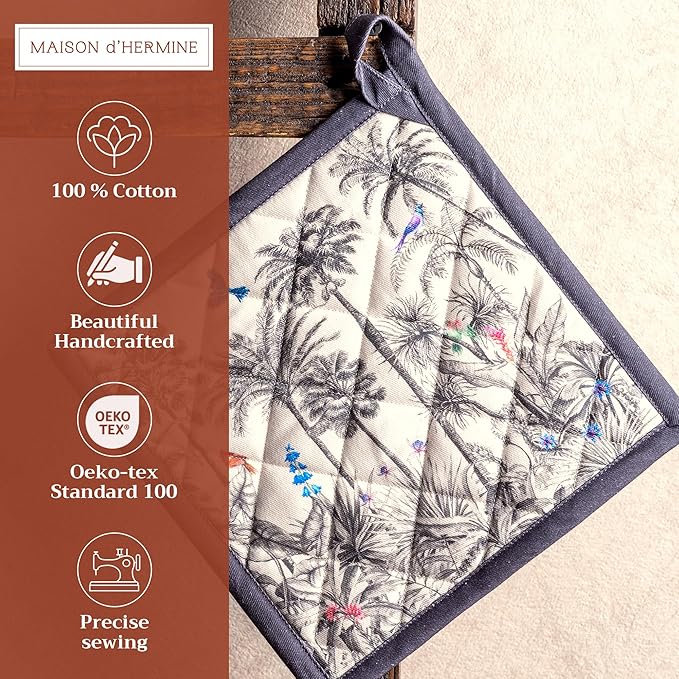 Maison d' Hermine Pot Holders Set 100% Cotton Heat Resistant Potholders 8" x 8" Hot Pads with Loop for Thanksgiving Christmas Decorations BBQ Cooking Baking Handling Hot Pans (Pack of 2, Amazonia)
