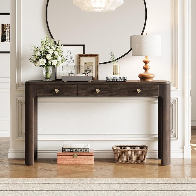 Merax 52" Console Table with 3 Drawers, Rustic Entryway Table with Curved Corners, Narrow Long Sofa Table for Living Room, Hallway, Entrance, Behind Couch, Foyer, Sturdy Thick Legs, Espresso