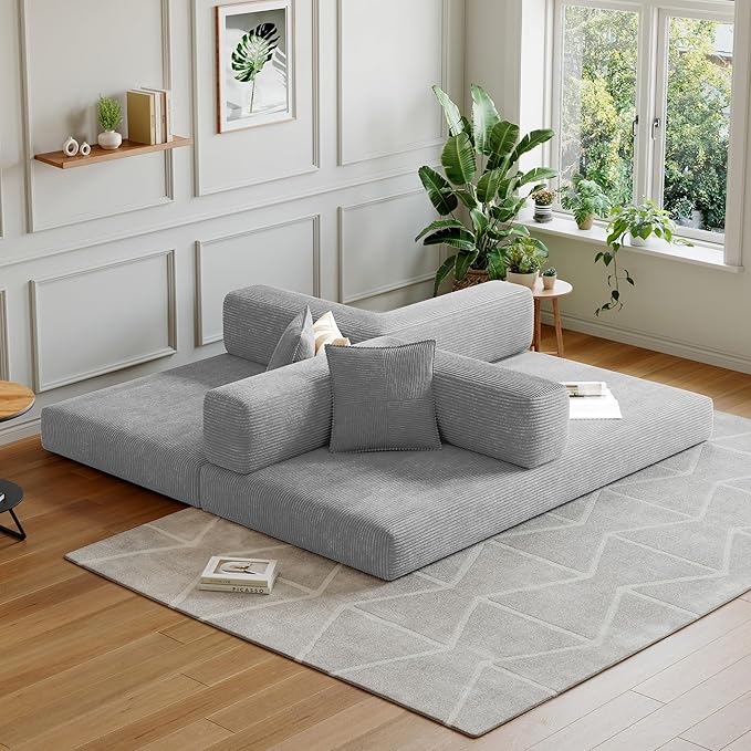 98.4''Convertible Sleeper Sofa Bed,Compressed Floor Boneless Couch,Modular Modern Corduroy Sofa for Living Room Bedroom -with Fixed-Shape Frame and Support Armrest,Easy Assembly(Grey)