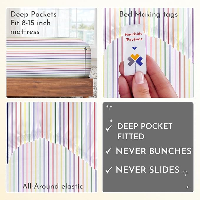California Design Den Printed Twin XL Sheet Sets - 400 Thread Count Sateen, Natural 100% Cotton Sheets, Deep Pockets, Cooling and Durable Bedding Set - Rainbow Striped