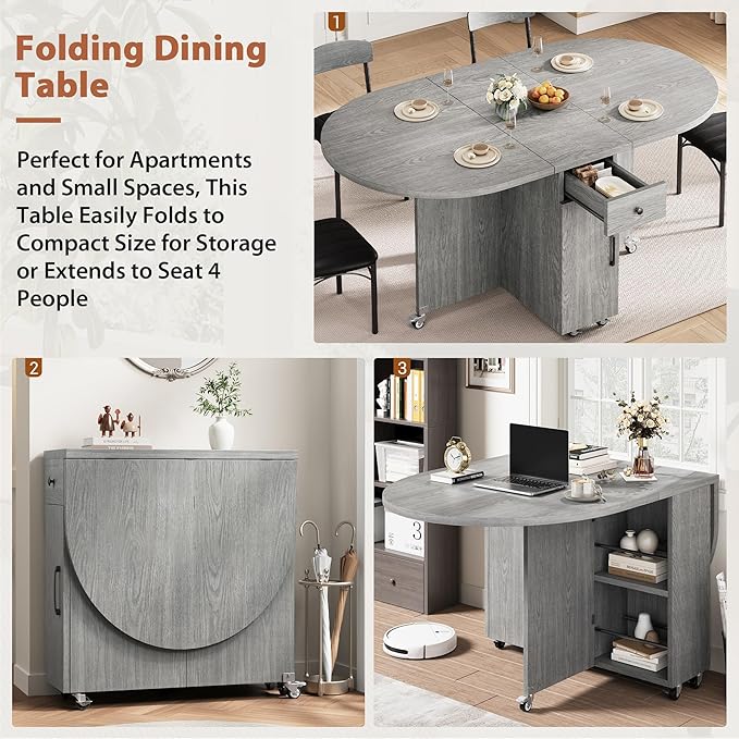 Folding Dining Table for 4 Kitchen Dining Room DinnerTable with Storage Drawer Space Saving Oval Foldable Drop Leaf Gateleg Furniture for Small Space (Grey, 47 * 23.6 * 30)