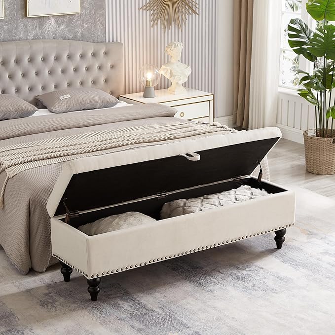 mikibama Linen Storage Bench for Bedroom End of Bed,59" Long Tufted Bed Bench with Storage,Modern Mid Century Storage Ottoman Bench for Window,Entryway,Living Room Solid Wood Legs (Beige)