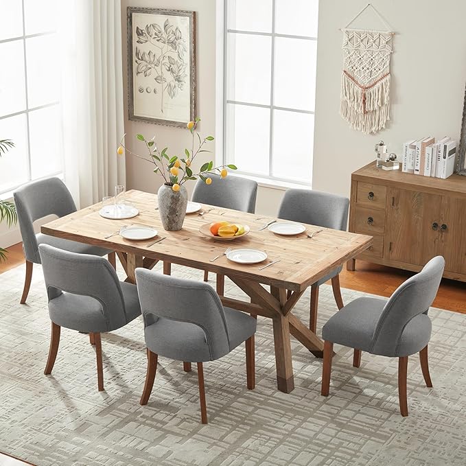 VKNOW Wooden Dining Chairs Set of 2, Modern Fabric Upholstered Dining Room Chair Kitchen Chairs, Farmhouse Dinner Chair for Kitchen Dining Room, Fabric Grey