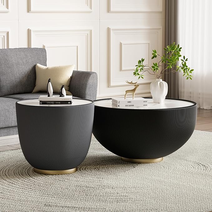 Grey Round Coffee Table with Sintered Stone Tabletop, 19.69 Drum Coffee Table with Fluted PU Leather Covered and Metal Base, Circle Cocktail Tea Table for Living Room