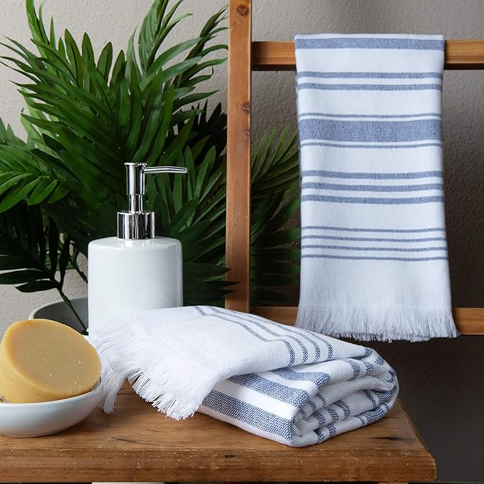 Sticky Toffee Hand Towels for Bathroom Set of 2 – 28x16 in White and Navy Blue Striped Turkish Towels, Soft and Absorbent Decorative 100% Cotton Bath Towels
