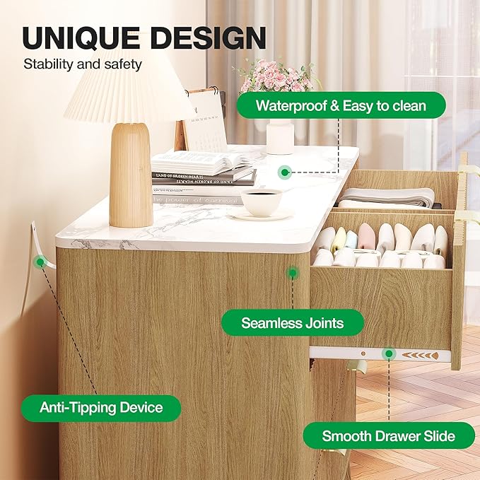 47" Wide Storage Cabinet, Fluted Chest of Drawers with Curved Edges, Wooden Buffet Cabinet with 6 Drawers, Modern Credenza with Faux Marble Top for Living Room, Hallway, Natural