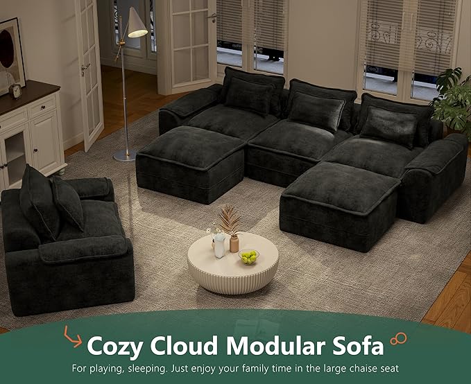 Hobestluk 120" Cloud Modular Sectional Couch 3-Seater Sofa with Ottomans U Shaped Couch Deep Seat Sofa with Removable Cover Large Sofa for Living Room (Dark Grey, 3-Seater Sofa with Two Ottomans)