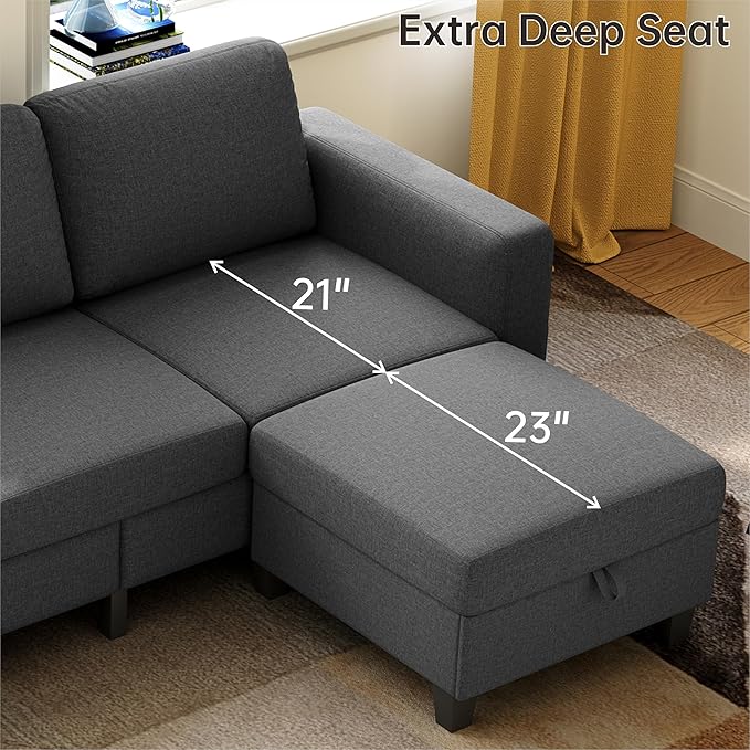 Sectional Sofa Couches for Living Room, 78'' Dark Grey 3 Seater L-Shaped Couch with Storage Ottoman, Comfy Fabric Convertible Sectionals Sofas with Chaise for Apartment, Office, Small Space