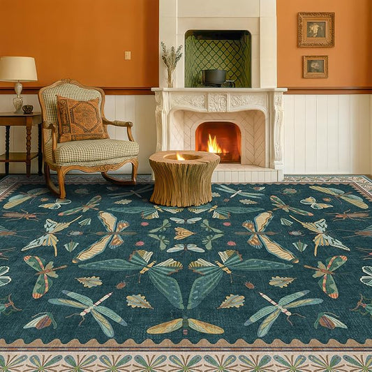 Oriental Blue and Green Area Rugs for Living Room 6x9 - Insect & Butterfly Dining Table Rug, Bedroom Boys, Washable Non Skid Rubber Backed, Vintage Funky Home Décor