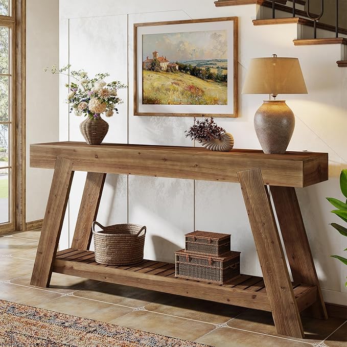 Solid Wood Console Table, 62.9-Inch Long Narrow Entryway Sofa Table with Storage Shelf for Living Room Hallway Entrance