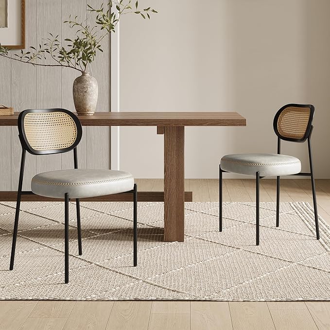 Rattan Dining Chairs Set of 6, Beige Leather Upholstered Dining Chairs with Rattan Cane Back, Mid Century Modern Dining Room Chairs with Black Metal Legs & D-Shaped Thicken Cushion, Beige