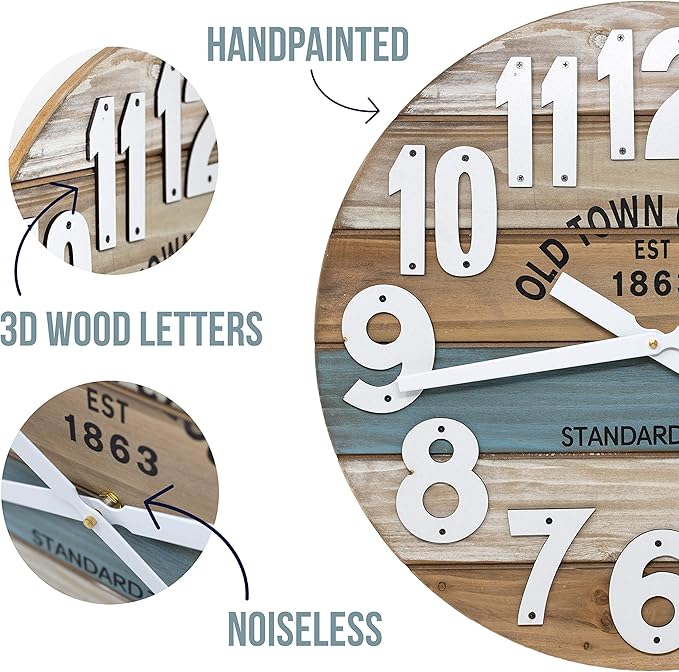 18" Wooden Multi-Color Maritime Coastal Beach Large Number Wall Clock (Blue, 18 inch)