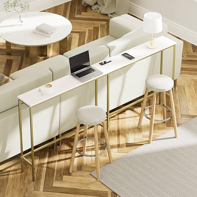 70.9 Inch Console Table with Power Outlet，Modern Narrow Long Sofa Table Behind Couch,Skinny Entry Table with Gold Metal Frame for Entryway,Living Room, Hallway,Classic White