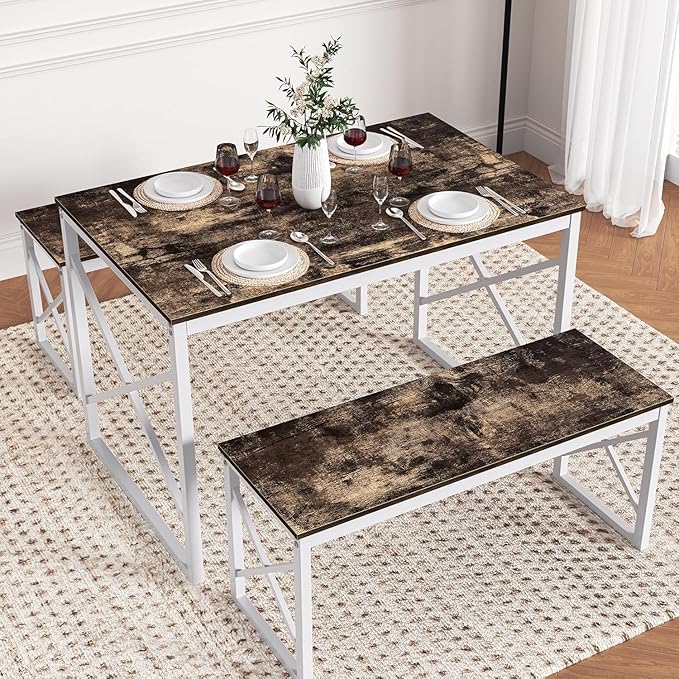 VECELO Kitchen Dining Table Benches Set for 4, 43.3" Wooden Dinette with 2 Benches, Heavy-Duty Dining Room Table for Small Space, Breakfast Nook, Dark Brown