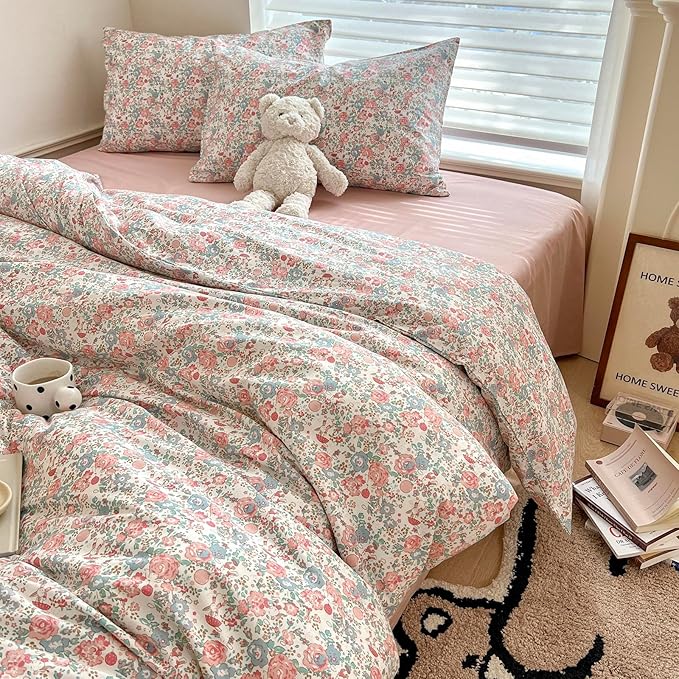 EAVD Queen Comforter Set Floral Print Soft Microfiber Chic Garden Pink Floral Bedding Set with 2 Pillowcases French Style Floral Botanical Comforter Set for All-Season