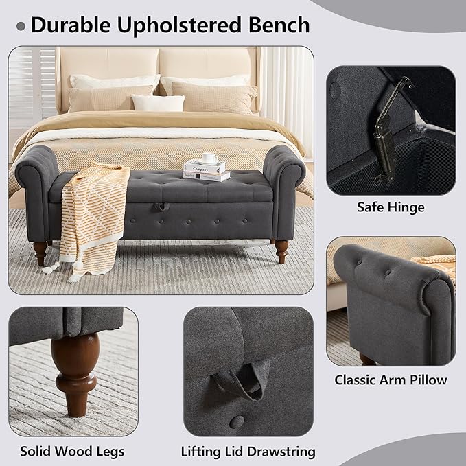 GNIXUU 63" End of Bed Storage Bench for Bedroom, Upholstered Ottoman Seat with Storage for Living Room, Window, Entryway, Grey Velvet