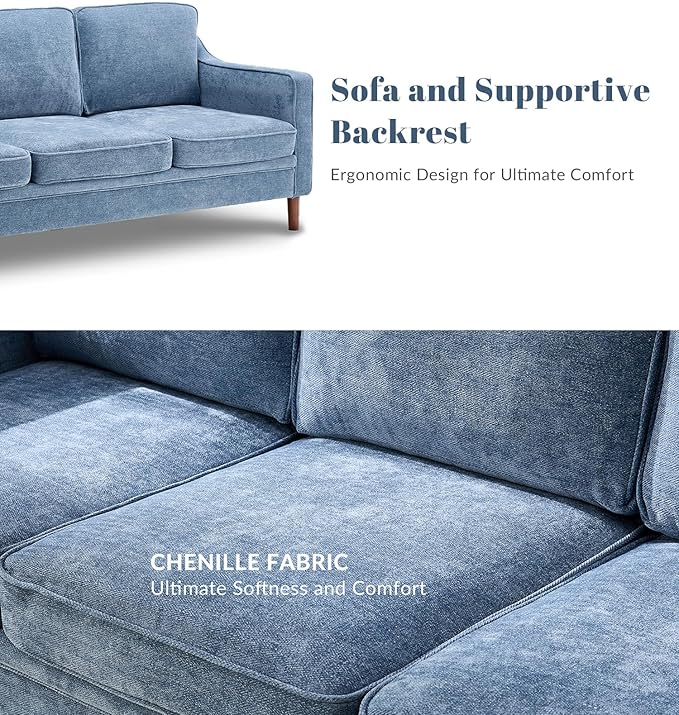 Kingfun Living Room Furniture Sets, Armchair and 2 Loveseat, Mid Century Modern Sofa Set, Chenille Couch with Solid Wood Frame for Living Room & Bedroom, Light Blue