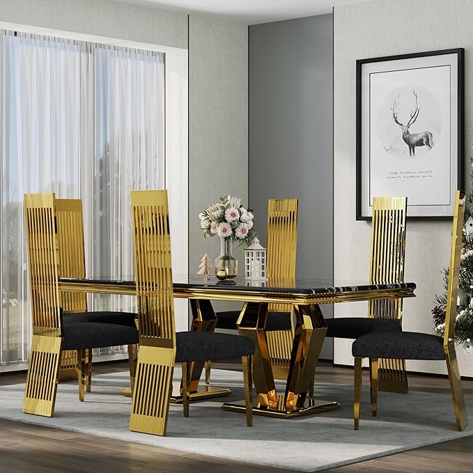 Upholstered Dining Chairs, Black and Gold Dining Room Chairs, Luxury Dining Chairs with Mirrored Metal Legs and Backrest, Set of 10