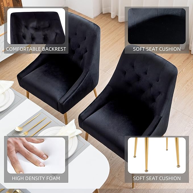 Modern Dining Chairs Set of 2, Mid Century Dining Chairs with 5.12” Cushions and Golden Legs, Velvet Upholstered Chairs with Back Pull Rod, for Kitchen, Living Room (Black)