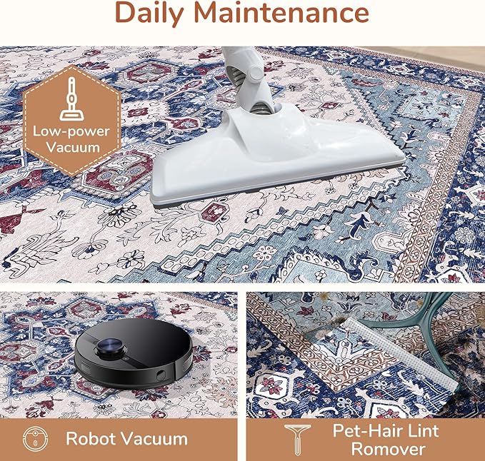 OPPODREAM Thin Area Rugs 5x7, 5x7 Washable Rug with Non Slip Backing, 5 x 7 Faux Cashmere Low-Pile Carpet, Navy Blue & Red & Cream